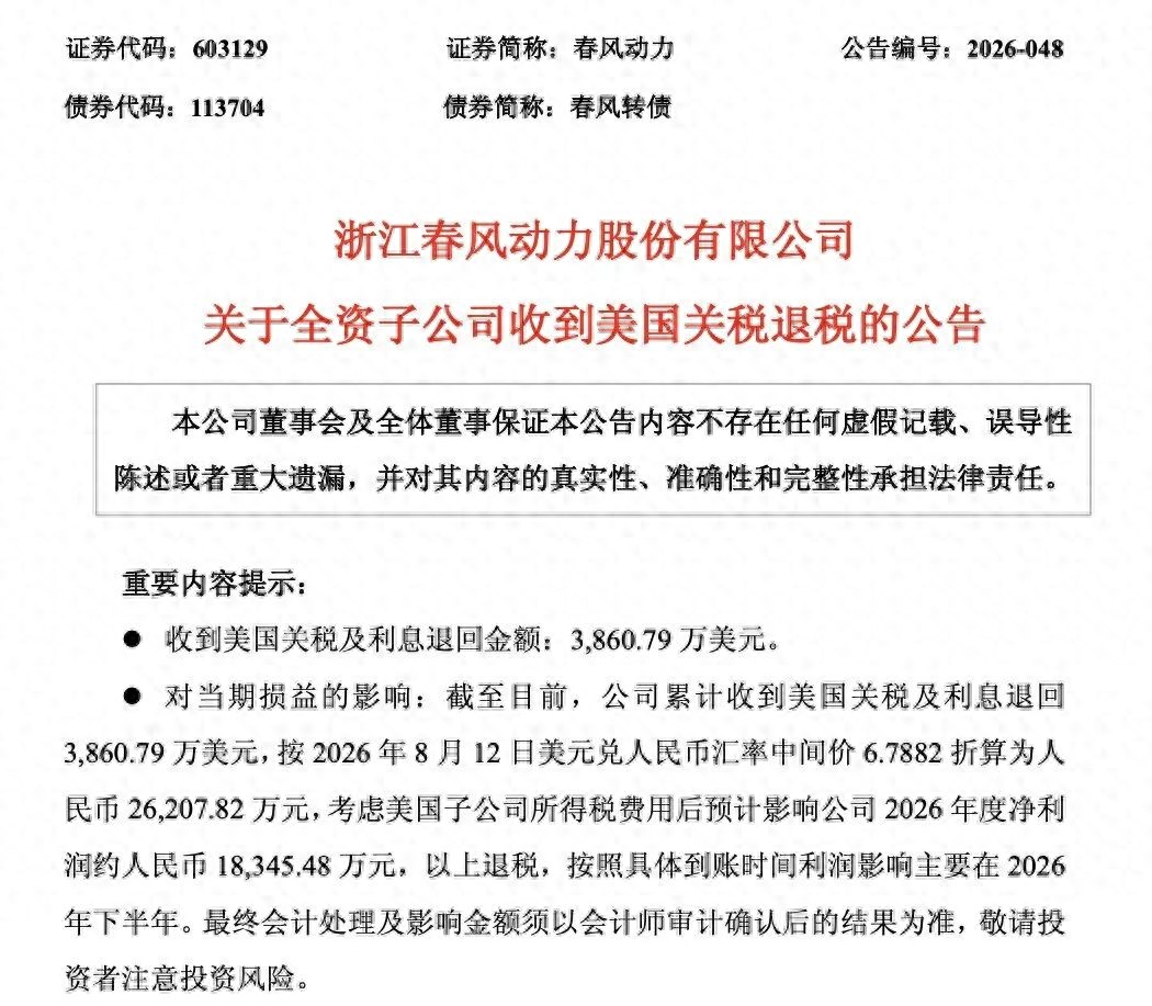 浙江一家公司，收到美国政府2.62亿元关税退税