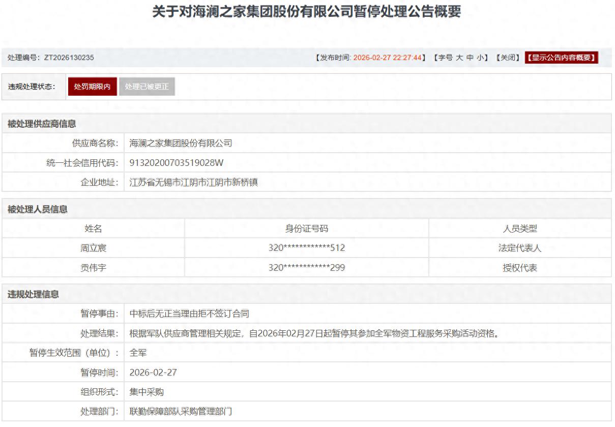 海澜之家，被暂停全军采购资格