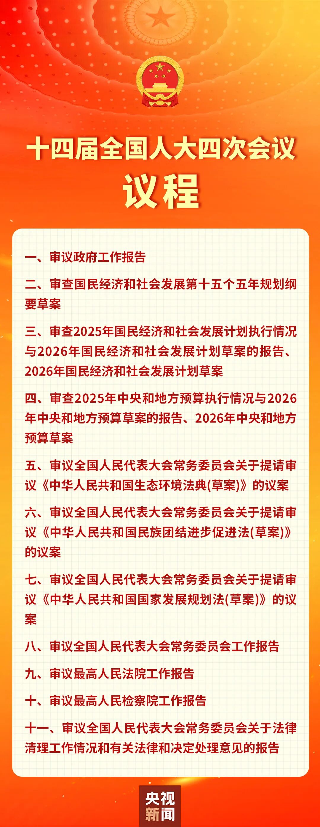 明天开幕，会期8天！十四届全国人大四次会议主要议程&rarr;